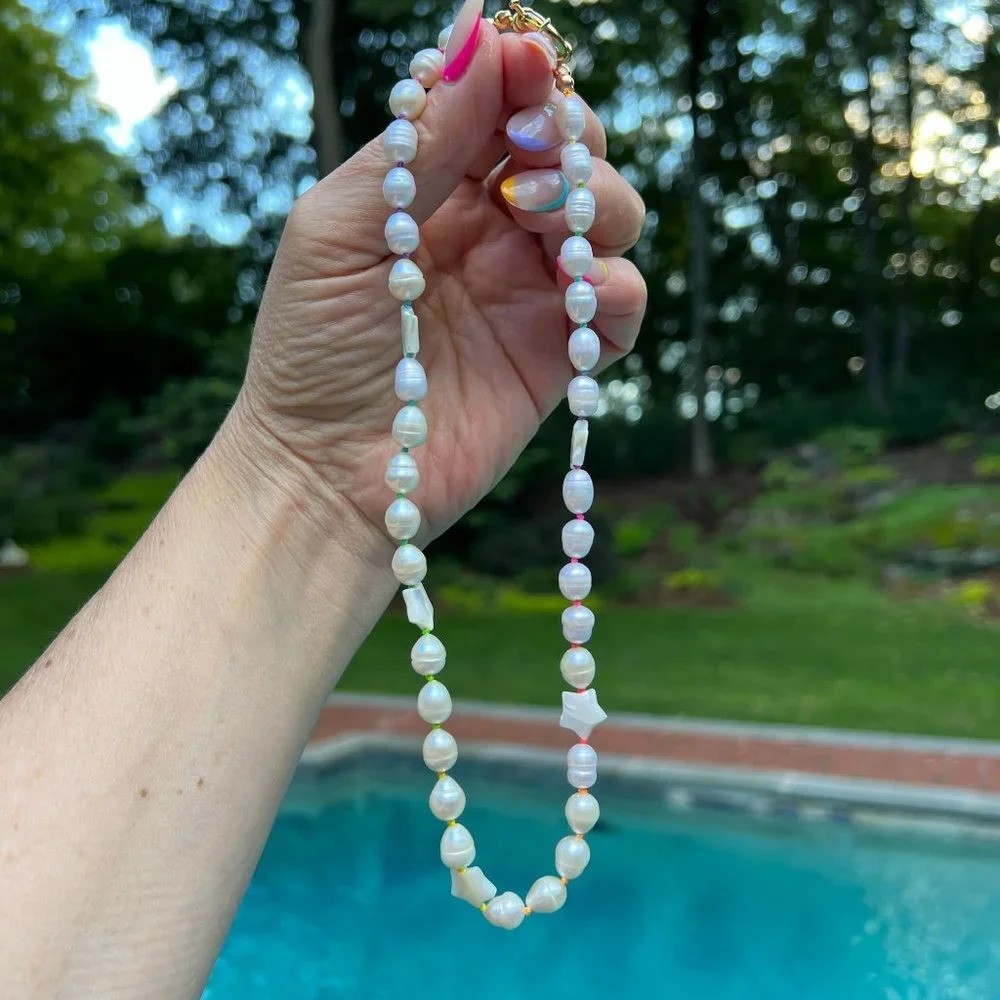 Baroque Freshwater Pearl Hand-knotted Necklace, Rainbow Silk, Gold Fille… - Picture 5 of 10